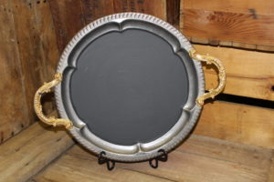 F99: Silver Chalkboard Platter with Gold Handles