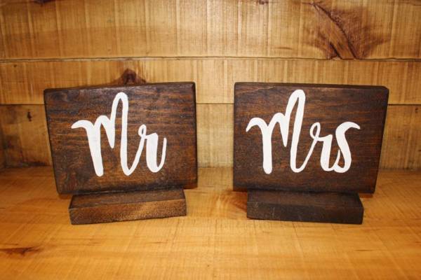 Dark Wood Mr & Mrs Displays -Vintique Rental WI