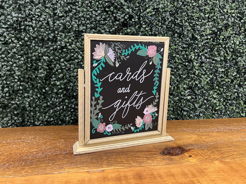 F372: Pre-Written Gold 'Cards & Gifts' Floral Chalkboard