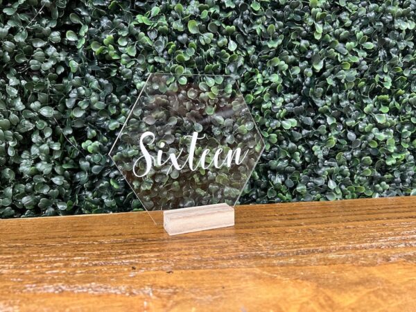 Acrylic Hexagon Table Numbers w/Wood Stand
